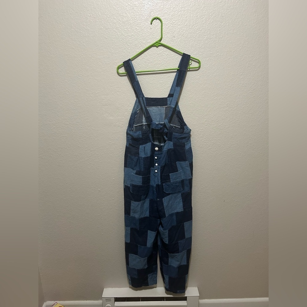 One of a Kind Patchwork Denim Overalls — Medium Petite Cropped Jean Jumpsuit - Picture 6 of 8